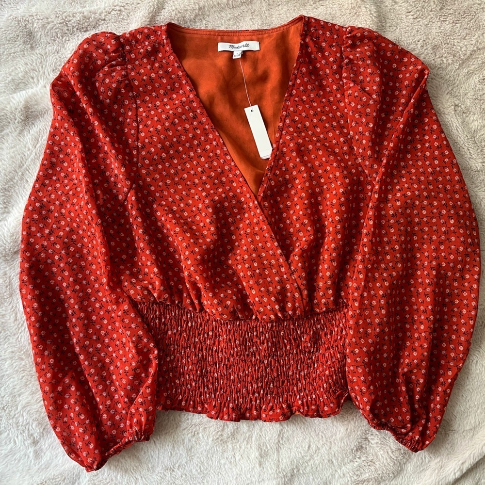 NWT Madewell Julianne Smocked-Waist Top Red Size S - Picture 8 of 10